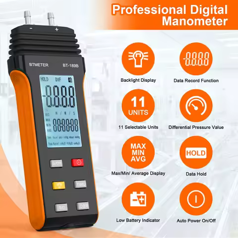 Portable Digital Differential Pressure Gauge, BT-189B Dual Port Air Pressure Detection, For HVAC & G