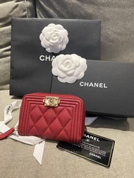 Chanel BOY系列 香奈兒經典菱格荔枝牛皮桃紅色金釦拉鍊零錢包 卡夾 ㄇ字零錢包 短夾