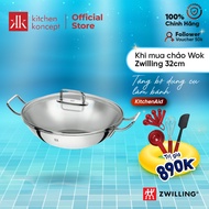 Wok Zwilling Plus Deep Stir-Fry Stainless Steel Pan 32cm with glass lid can be used on induction coo