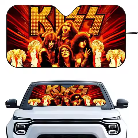 Retro-KISS Rock Band Car SunShade Heat-insulating Aluminum FilmReusable Suction Cup Blocks UV Rays C