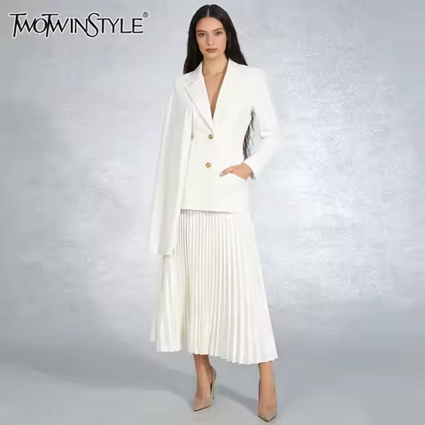 TWOTWINSTYLE White Two Piece Set for Women Lapel Long Sleeve Blazer with Cape High Waist Pleated Ski