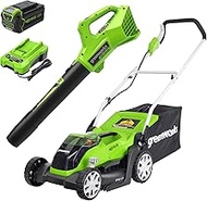 Greenworks 40V 14-Inch Cordless Lawn Mower / Axial Blower Combo Kit, 4.0Ah USB Battery (USB Hub) and Charger, CK40B410