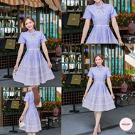 ชุดเดรสผ้าทอคอปีน แต่งโบว์ กระโปรง8ชิ้น แขนกระบอก งานอัดกาว ทั้งชุด ทุกชิ้น ซิปซ่อนด้านหลัง (S-2XL) 