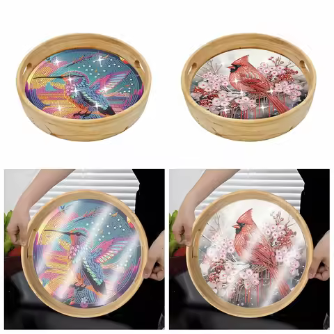 1pc/Set DIY Diamond Art Wooden Serving Trays Animal Diamond Art Painting on Wooden Tray Circle Diamo