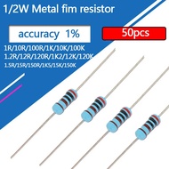 50pcs 1/2W Metal Film Resistor 1 1.2 1.5 10 12 15 100 120 150 R K Ohm 1K2 1K5 1% 0.5W Five-color Rin