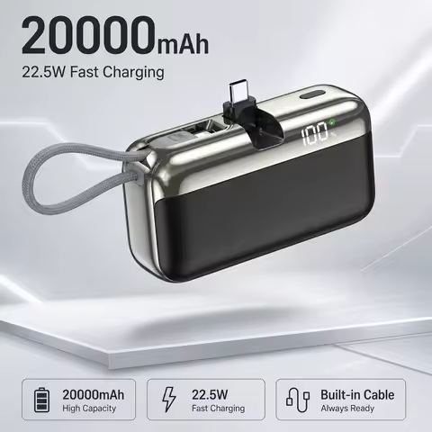 20000mAh Power Bank 22.5W Fast Charging Built-in Cable Capsule Portable Charger for OnePlus 3c Tail 