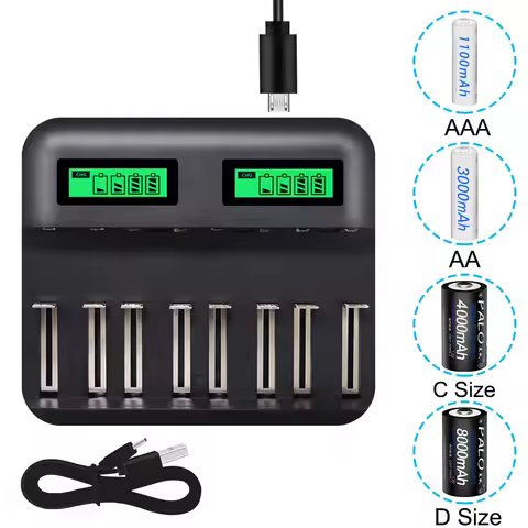 USB Smart Battery Charger 8 Slots LCD Display for AA AAA SC C D Size Rechargeable Battery 1.2V Ni-MH
