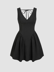 Cider V-neck Pleated Sleeveless Mini Dress