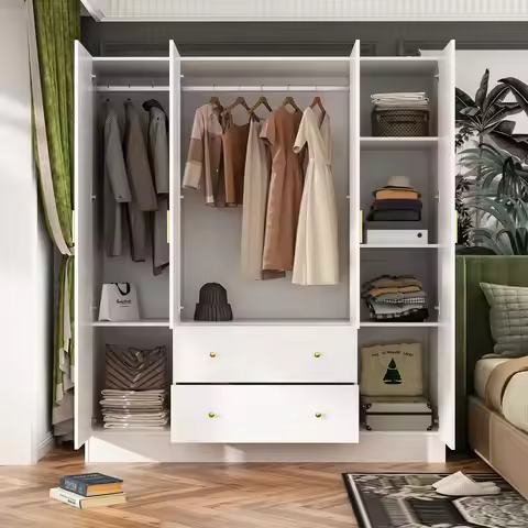 4 Door Wardrobe Armoire Closet with Mirror Door, 63" W Wooden Wardrobe Cabinet with 2 Drawers & Hang