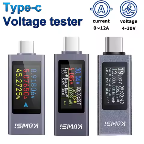 DC 4-30V 12A Type-C Voltage Meter Current Voltage Capacity Battery Tester Volt Current Voltage Teste