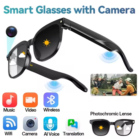 AI Smart Video Glasses, equipped with an 8-megapixel camera, supporting 4K HD video recording, wirel