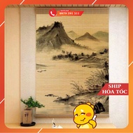 Mành tre trúc in tranh UV hình phong cảnh chim và hoa đào. Mành tre trúc trang trí decor cafe spa.1K