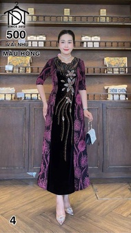 Đầm Đi Tiệc [Salu Store] Mã DN500 Dáng Dài Cổ Lượn Sóng Chất Vải Thun Nhũ Phối Nhung Đính Đá DMC Cao