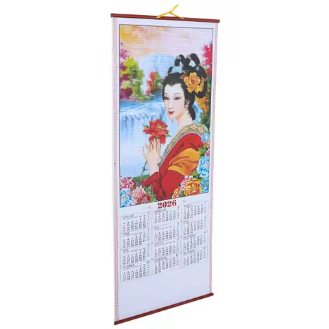 2026 Horse Year Faux Rattan Scroll Calendar Traditional Chinese Lunar Hanging Wall Calendar Living R