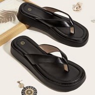 Pure Black Soft Matte Premium PU Toe-Post Flat Flip-Flops, Fashionable New Style Thick Sole Slippers