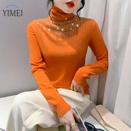 YIMEI 2023 Autumn/Winter New Heavy Industry Hot Diamond Knitwear Women's Flash Top Stacked High Neck Slim Fit Pullover Women's Fashionable Slim Sweater