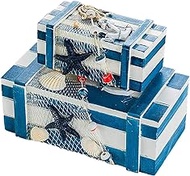 SeaHug Nautical Storage Box,Wooden Vintage Coastal and Beach Decorative Trinket Box-Accent Anchor Hinged Starfish Powder/Living/Bed Room Ornament Home Decor (2 Pieces in 2 Sizes)