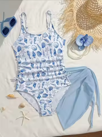 Girls' Swimwear with Shell, Seahorse, and Starfish Elements, Full-Printed One-Piece Swimsuit, Soft a