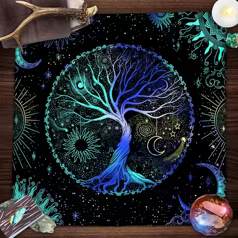 Blue Life Tree Tarot Tablecloth Sun Moon Starry Sky Altar Cloth Tarot Reading Cover Witchcraft Astro