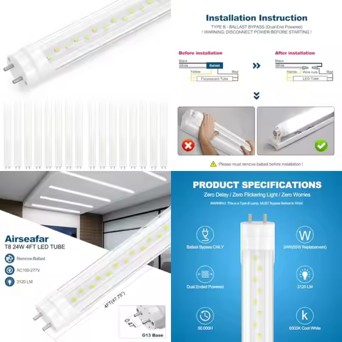 LED Shop Lights Feet, Ballast Bypass Type B T8 Tube Light Replacement, 24W 6500K Daylight, Not Plug 