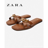Zara Summer New Style Women's Shoes Brown Cross Strap Leather Flat Sandals Sandals Women's Shoes