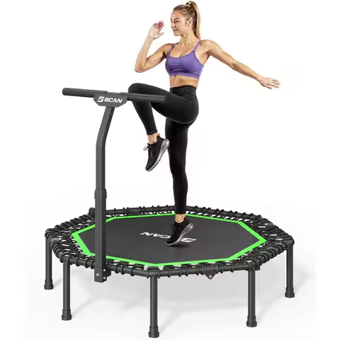 Foldable trampoline, maximum load 450 LBS fitness trampoline, with T-shaped adjustable handle bar, s