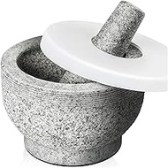 GIENEX Mortar and Pestle Set with Lid 2 Cup-Capacity, Include Silicone Lid, Garlic Peeler, Stick-on Anti-slip Pad for Base, Unpolished Granite Mortar and Pestle Spice Grinder, 5.5 Inch