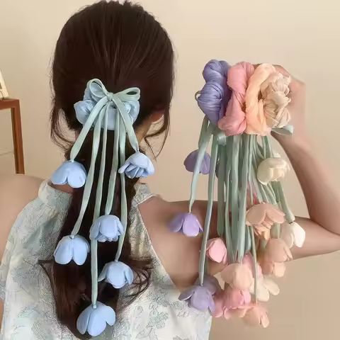 Lily-Of-The-Valley Flower Hairband With Fringe Ribbon Elegant Headband for Women Girls Weddings Part