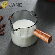 JANE Espresso Cup, Glass Vertical Grain Milk Cup, Easy to Clean Gray with Wood Handle High Quality Measuring Cup Milk Espresso Shot