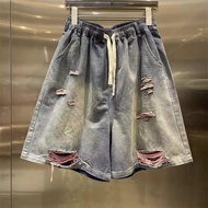Online Beauty Recommendation💅Extra Large Retro Design Drawstring Contrast Color Ripped Denim Shorts 