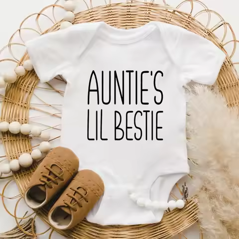 Auntie's Lil Bestie Funny Letter Print Baby Bodysuit Casual Infant Short Sleeve Romper Newborn Outfi