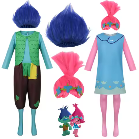 Anime Boys Trolls Branch Costume Girls Trolls Poppy Cosplay Wig Dress Halloween Costume for Kids Adu