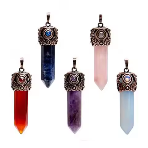 Retro Antique Brass Chakra Hexagonal Prism Natural Stone Quartz Crystal Stone Healing Pendulum Penda