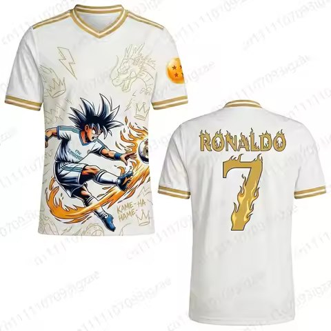 2026 New Athletic Summer Unisex Dragon Ball Z Goku Ronaldo 7 Kamehameha White Gold Graphic V-Neck So