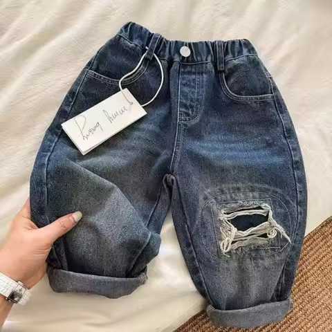 Baby Girl Boys Jeans Spring and Autumn Kids Elastic Waist Casual Loose Ripped Pants 2-7 Years Childr
