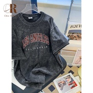 In stock locall Washed Cotton Unisex short sleeves T-shirt Fashion Cool Print Men Neck Round Loose T