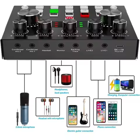 Live Sound Card V8S Audio USB External Sound Card Bluetooth Microphone Mixer Voice Changer Live Stre