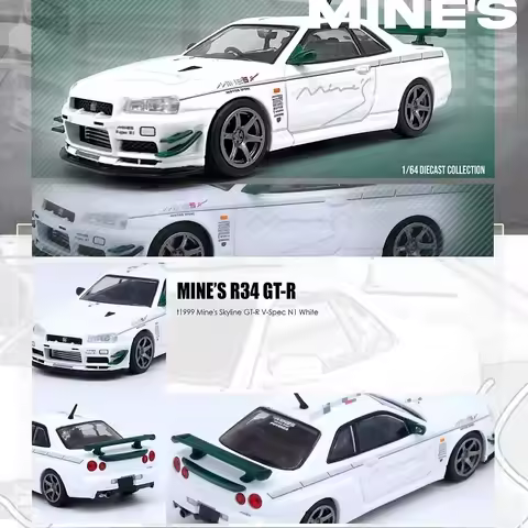 INNO 1:64 SKYLINE R34 V-SPEC Tuned by MINE'S White Collection Miniature DieCast Model Car