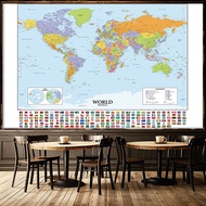 -World Map- Polyester The World Political Map with National Flags World Map Wall Sticker for Culture