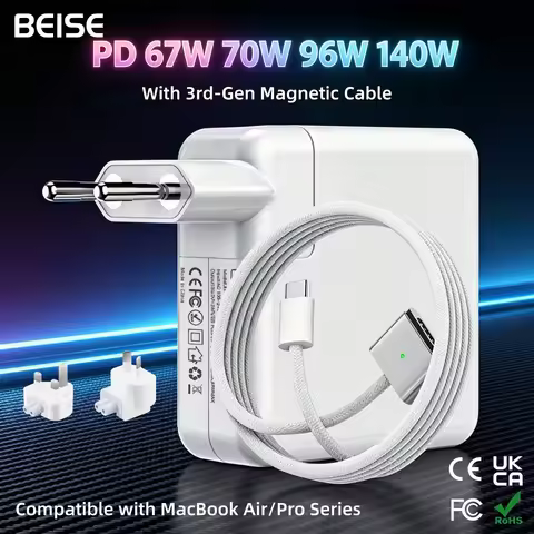 BEISE 67W 70W 96W 140W PD Power Adapter with 3rd Gen Mag3 Braided Cable, USB-C Adapter for MacBook A