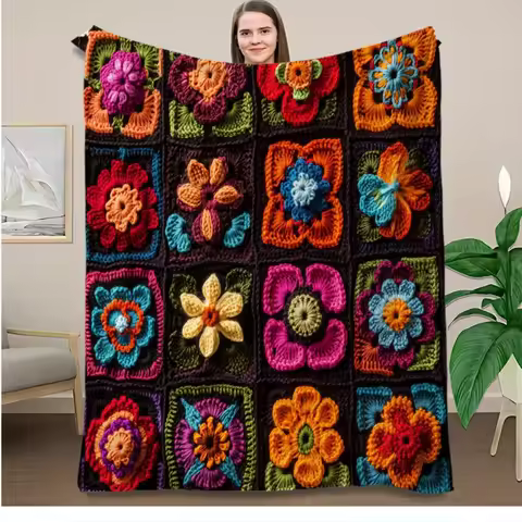 Crochet 3D Flower Print Blanket, Colorful Bohemian Afghan Knit Throw for Sofa Bed, Home Decor Gift,