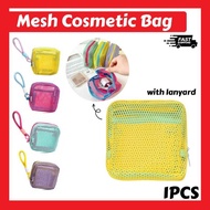 Dopamine Square Mesh Tofu Cosmetic Bag with Lanyard Mesh Makeup Bags Travel Zipper Storage Bag