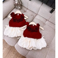 X40 Bộ quần áo bé gái Set áo đỏ hoa sát nách cv bồng nơ cho bé gái