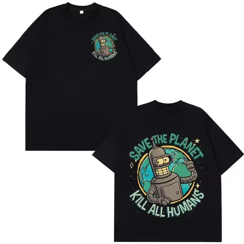 Men's and Women's Short Sleeved Cotton Casual Plus Size T-shirt Save The Planet Kill All Humans Fun 