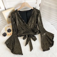 Retro Cổ Chữ V Áo Sơ Mi Đế Tay Lấp Lánh Sequin Lấp Lánh Thon Gọn Chiều Dài Ngắn Nữ Áo Mùa Thu Mùa Đô