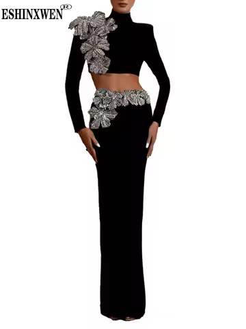 Eshin Luxury Black Two-Piece Skirt Set For Women Long Sleeve Crop Top Crystal Beaded Floral Outfit E