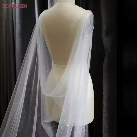 TOPQUEEN VG41 Party Queen Glitter Cape White Champagne Glitter Gauze Long Detachable Cape Wedding Dr