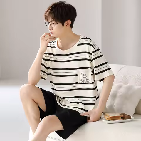 Casual O Neck Cotton Pajamas Men's Pijama Sets Summer Breathable Short Sleeve Sleep Tops Sleepwear p