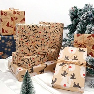 1Roll Christmas Wrapping Paper Roll, Brown Kraft Wrapping Paper With Cute Reindeer Santa Christmas T