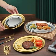 Korean 304 Stainless Steel Oval Golden Grill Plates Shallow Flat Bowls Fish Dish Food Dessert Tray